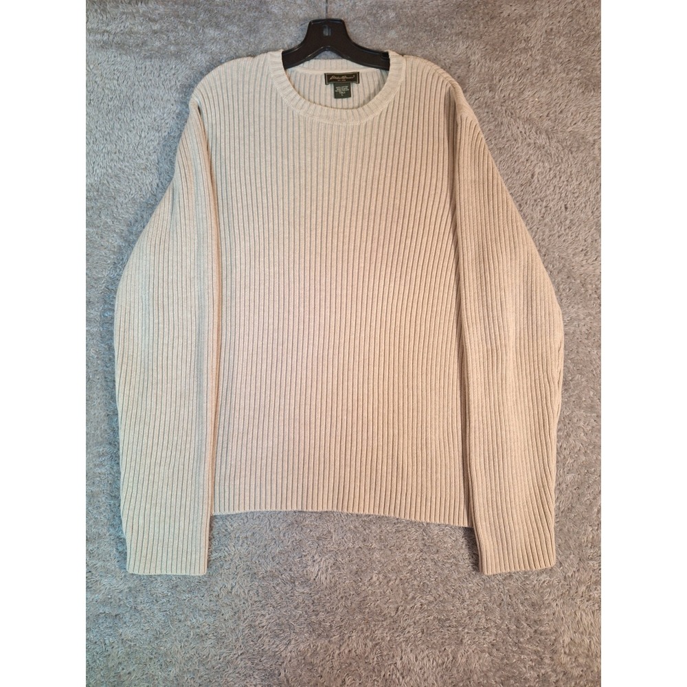 Eddie Bauer Mens Crew Neck Sweater Tall Large 2307 White Cream Ribbed Cotton